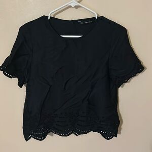 Zara Black Satin Short Sleeve Eyelet Blouse medium